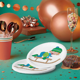 Fun Winter Sledding Boy Cute Snow Adventure  Paper Plate