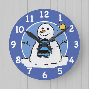 Fun Winter Snowman Cartoon Design. Round Clock