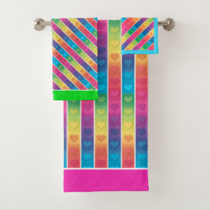 [Fun with Stripes] Pattern #6a Rainbow Hearts Bath Towel Set