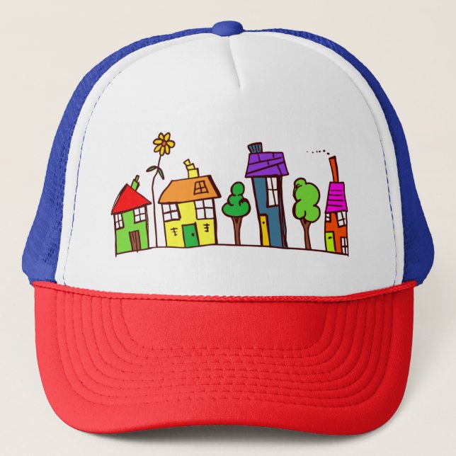 Fun Wonky Houses Homes Multicolor Art Trucker Hat (Front)