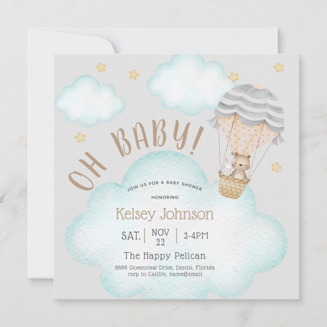 Fun Woodland Teddy Bear Balloon Baby Shower Invitation (Front)