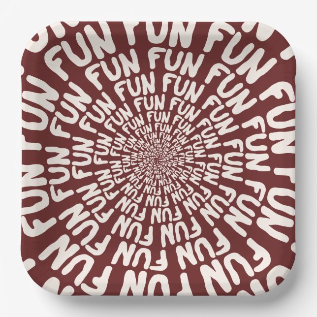 Fun word repeating spiral cream burgundy red paper plate (Front)