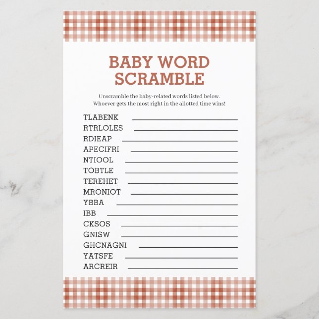 Fun Word Scramble Baby Shower Game (Front)