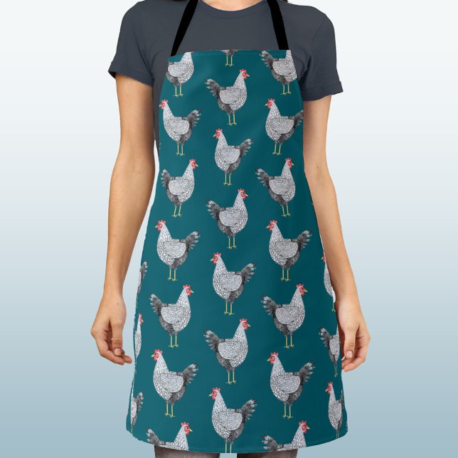 Fun Wyandotte Chicken Hen Watercolor Teal Green Apron (Wyandotte Chicken watercolor hen pattern apron)