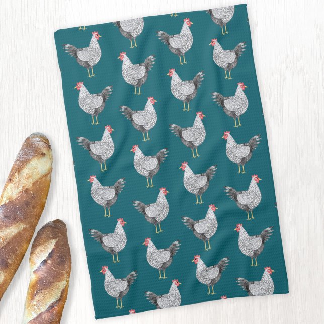 Fun Wyandotte Chicken Hen Watercolor Teal Green Tea Towel (Wyandotte Chicken watercolor hen pattern kitchen tea towel)