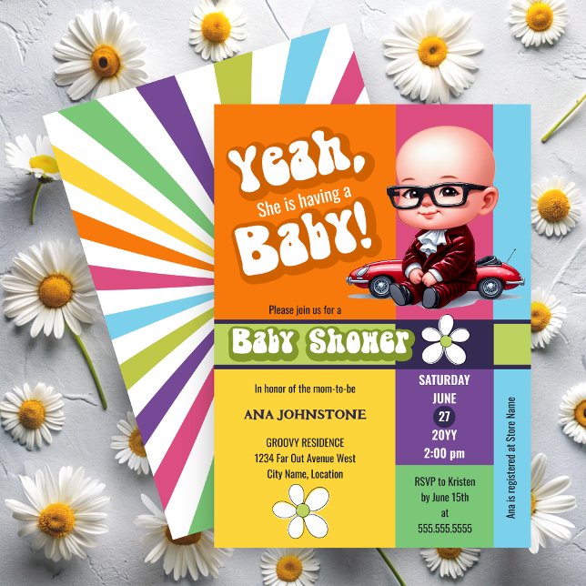 Fun Yeah Baby Retro Baby Shower Invitation (Yeah, she is having a Baby fun, retro invitation front and back view.)