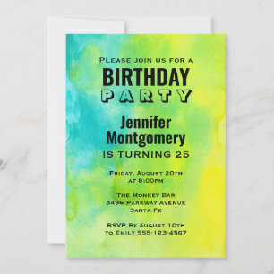 Fun Yellow and Blue Watercolor Abstract Birthday Invitation