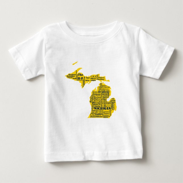 Fun Yellow and Navy Blue State of Michigan cities Baby T-Shirt (Front)