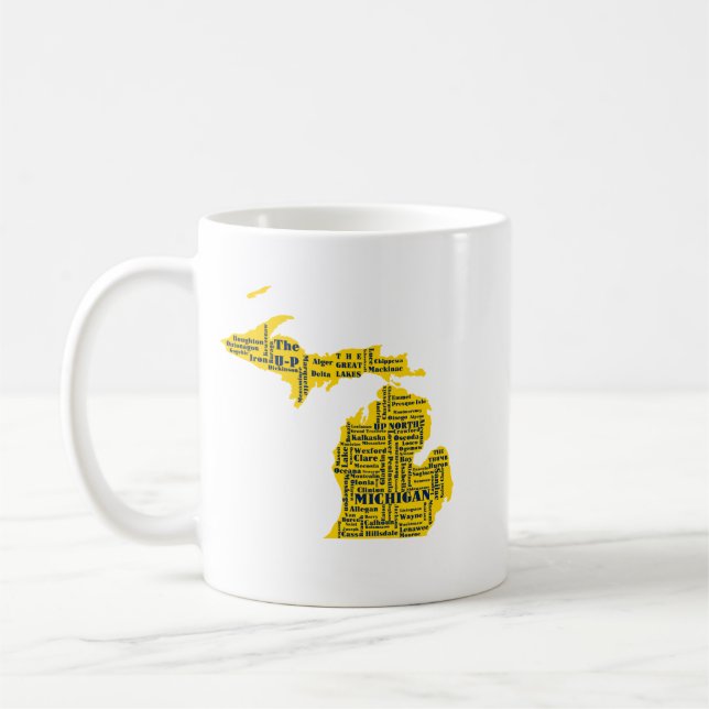 Fun Yellow and Navy Blue State of Michigan cities Coffee Mug (Left)