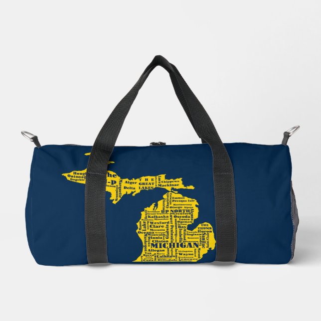 Fun Yellow and Navy Blue State of Michigan cities Duffle Bag (Front)