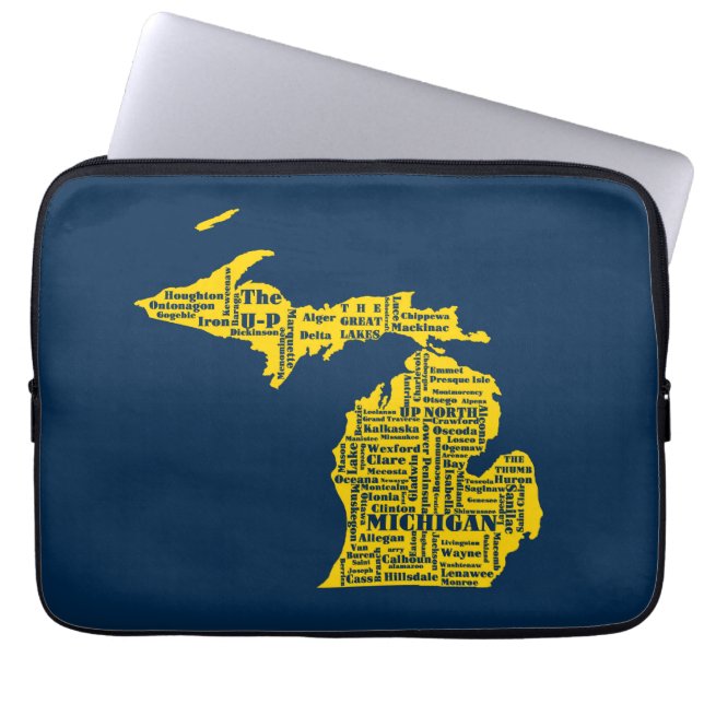 Fun Yellow and Navy Blue State of Michigan cities Laptop Sleeve (Front)