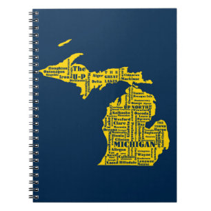 Fun Yellow and Navy Blue State of Michigan cities Notebook