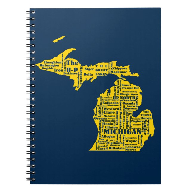 Fun Yellow and Navy Blue State of Michigan cities Notebook (Front)