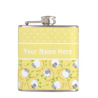 Fun Yellow and White Custom Hip Flask, Comic Sheep