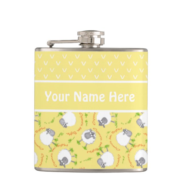 Fun Yellow and White Custom Hip Flask, Comic Sheep Flask (Front)