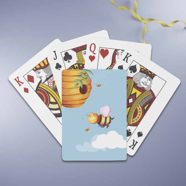 Fun Yellow Bee  Playing Cards (Personalized Cute Bee and Beehive Blue Playing Cards)