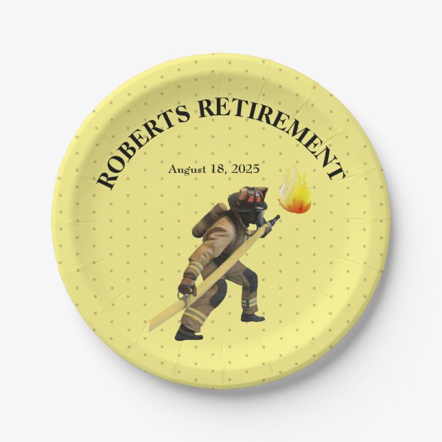 Fun Yellow Firefighters Retirement  Paper Plate (Front)