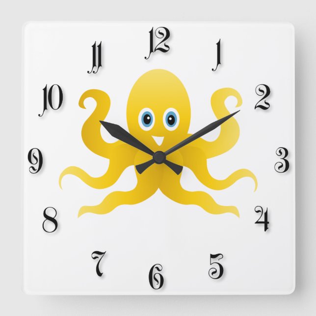 Fun yellow octopi square wall clock (Front)