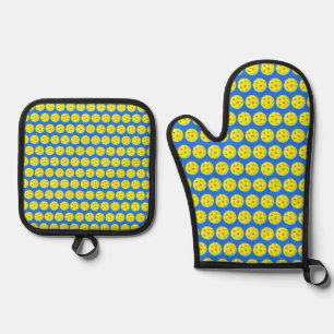 Fun Yellow on Blue Pickleball Print  Oven Mitt & Pot Holder Set