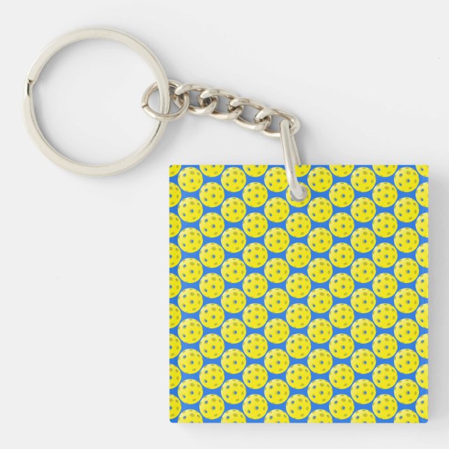 Fun Yellow Pickleball Pattern on Blue  Key Ring (Front)