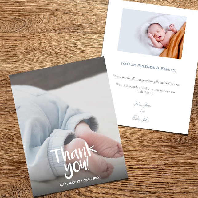Fun, your photo, boy, baby shower thank you card (Baby feet thank you card with modern script and photo.)