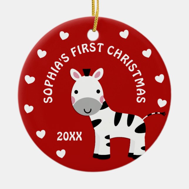 Fun Zebra Baby's 1st First Christmas Gift Circle Ceramic Tree Decoration (Front)