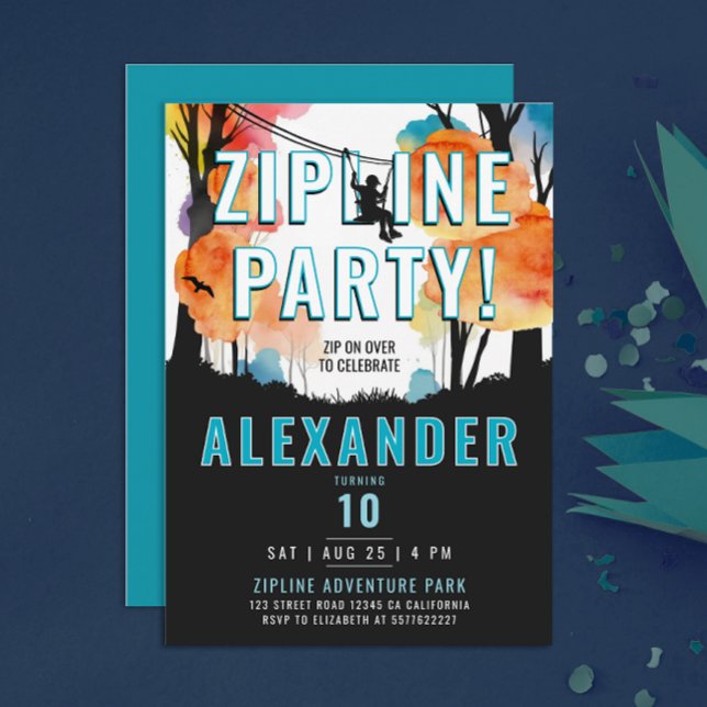Fun Zipline Colourful Blue Boy Adventure Watercolo Invitation (Creator Uploaded)