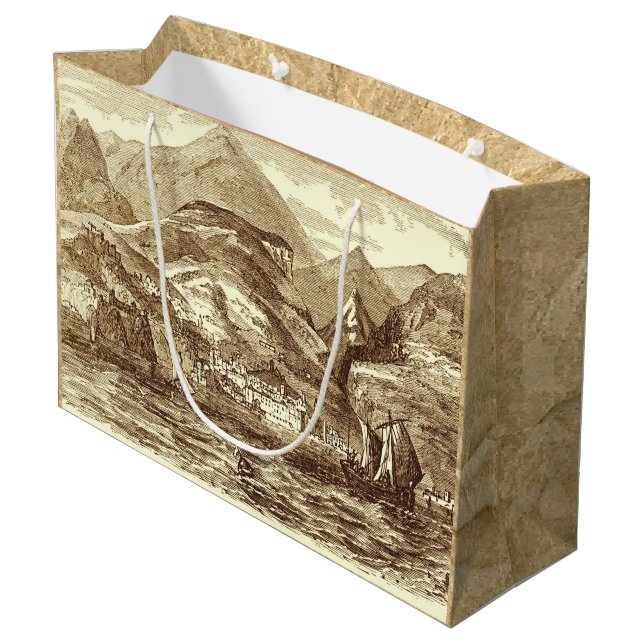 Funchal Madeira Harbour Sepia-Tinted Panoramic Large Gift Bag (Back Angled)