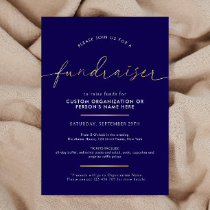 Fundraiser Minimalist Script Navy & Gold Charity Invitation