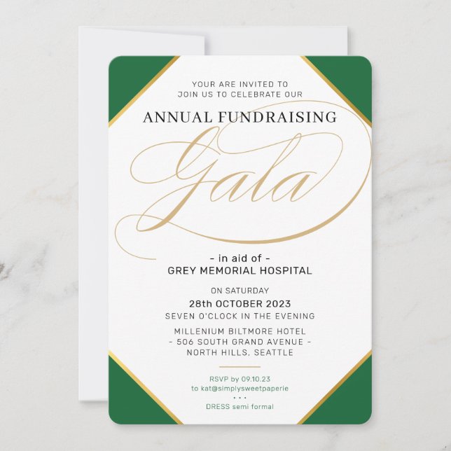 FUNDRAISING GALA elegant event dark green gold Invitation (Front)
