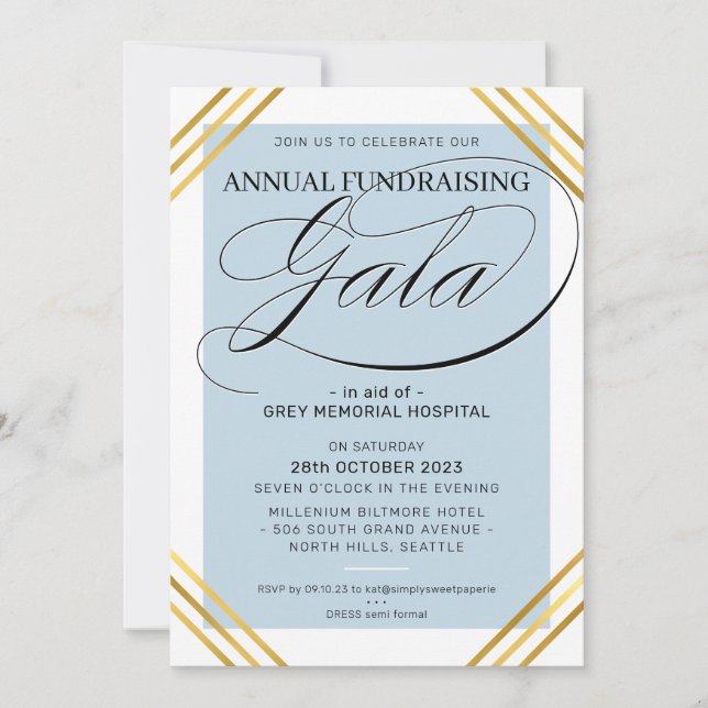 FUNDRAISING GALA event fancy gold frame pale blue Invitation (Front)