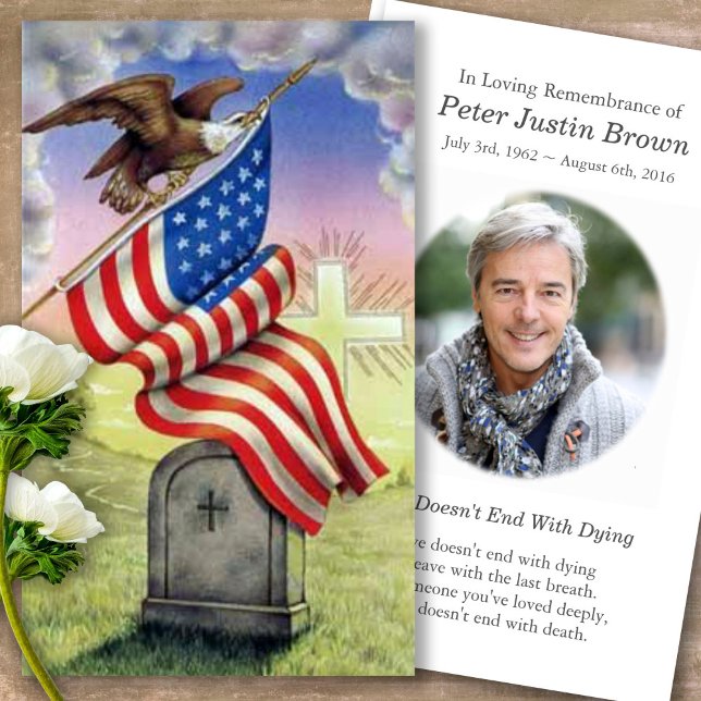 Funeral American Eagle Flag Prayer Sympathy Cards (Forever in our hearts, celebration of life, in loving memory of, prayer cards for bereavement)
