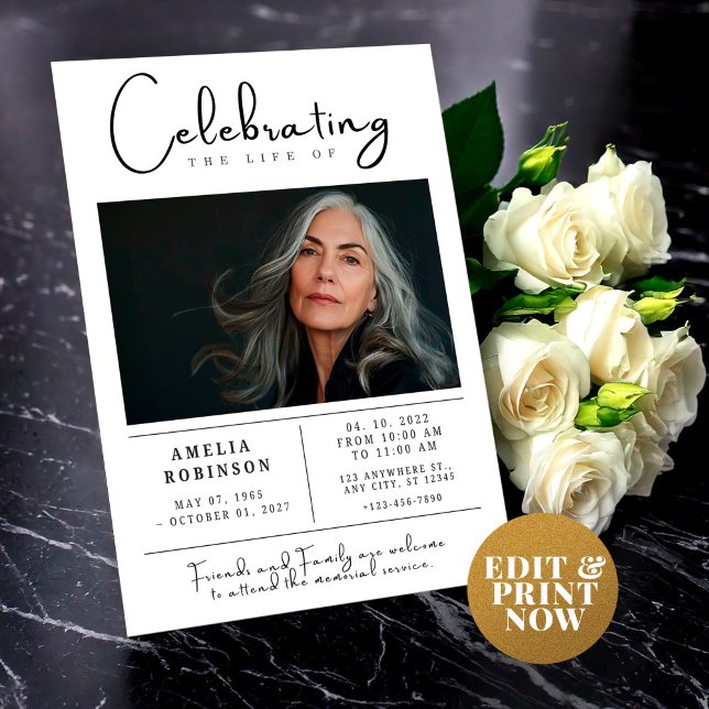 Funeral Announcement Memorial Service with Photo (Celebration of Life Card Template Memorial Flyer Minimalist Funeral Announcement Invitation Editable)