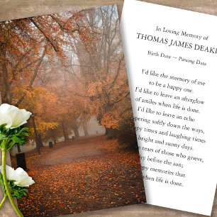 Funeral Autumn Memorial Prayer Sympathy Cards