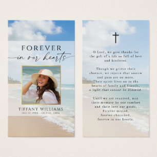 Funeral Beach Forever Hearts Photo Prayer Card