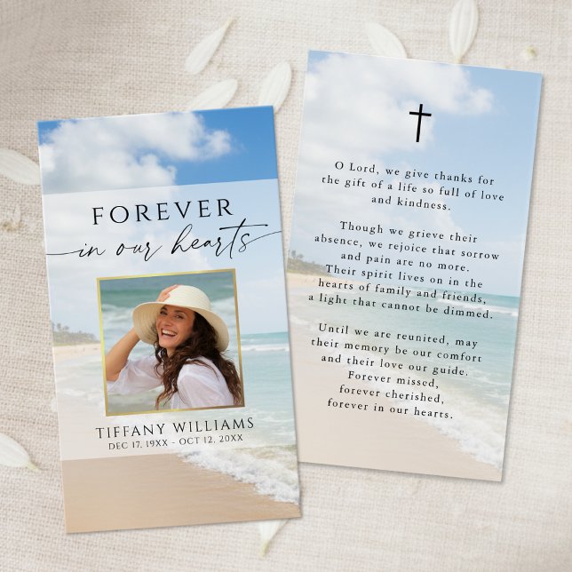 Funeral Beach Forever Hearts Photo Prayer Card (Creator Uploaded)