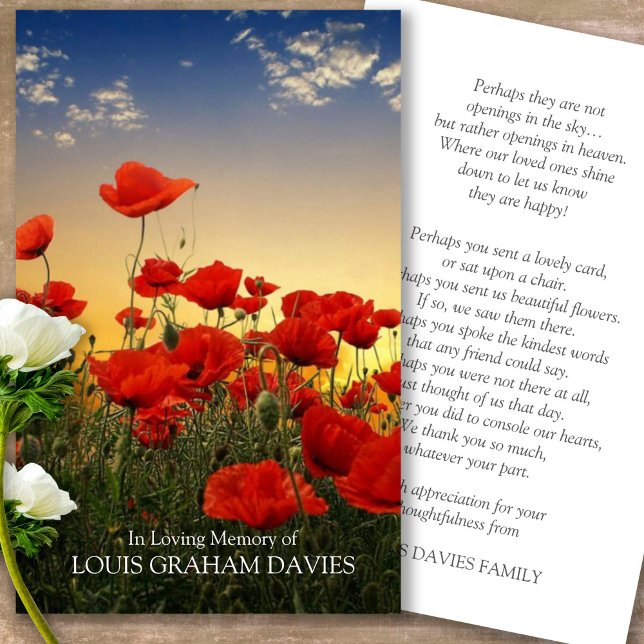 Funeral Beautiful Poppies Prayer Sympathy Cards (military sympathy card, military prayer cards, funeral prayer card, death, military funeral cards)