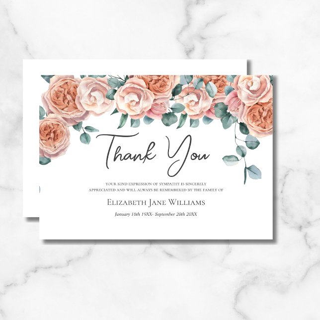 Funeral Bereavement Peach Roses  Thank You Card (Creator Uploaded)