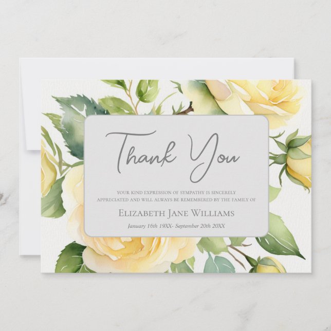 Funeral Bereavement  Yellow Rose  Thank You Card (Front)