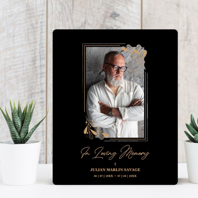 Funeral Black Fake Golden Branches Photo Remember Plaque (Creator Uploaded)