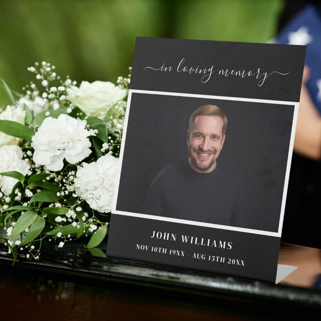 Funeral black photo memorial reception script pedestal sign (Creator Uploaded)