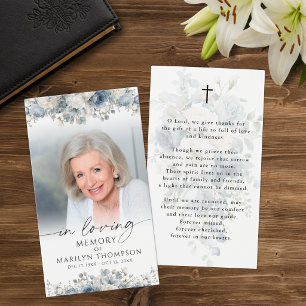 Funeral Blue Floral Photo Sympathy Prayer Card