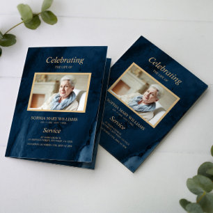 Funeral Blue & Gold Calligraphy  Memorial Program Programme