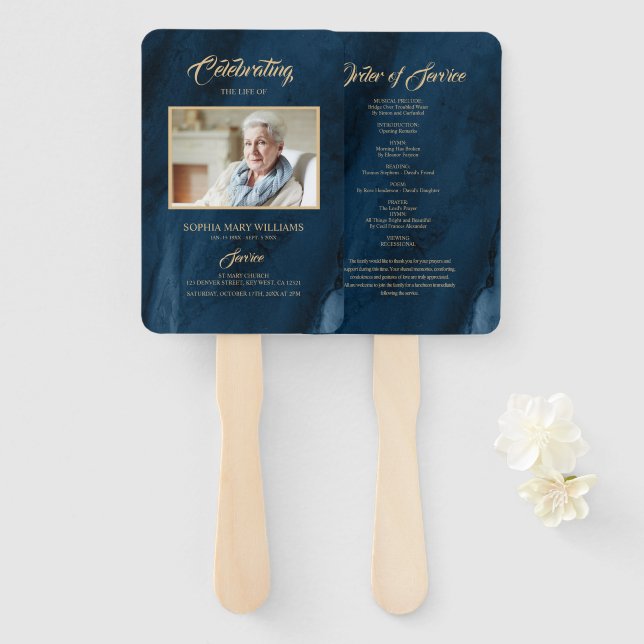 Funeral Blue & Gold Calligraphy Set of Fans (Front and Back)