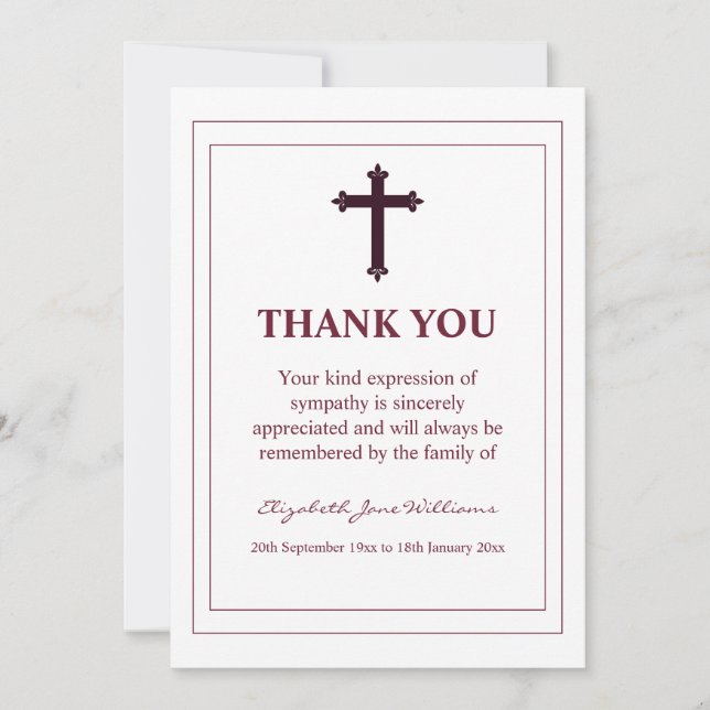 Funeral Burgundy Cross and  Boarder Thank You Card (Front)