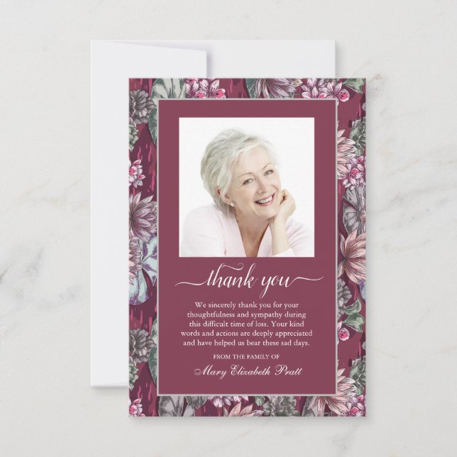 Funeral Burgundy Floral Photo Thank You Card (Front)