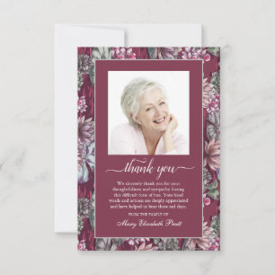 Funeral Burgundy Floral Photo Thank You Card