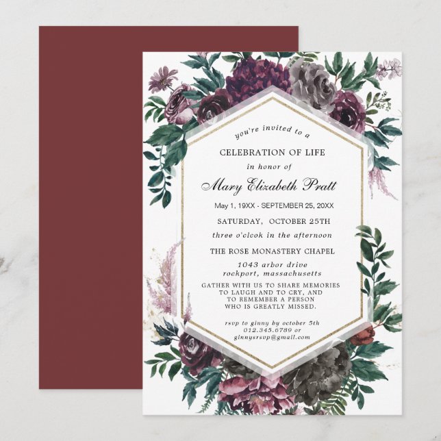 Funeral Burgundy Red Floral Celebration of Life Invitation (Front/Back)