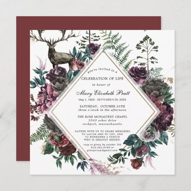 Funeral Burgundy Red Floral Celebration of Life Invitation (Front/Back)