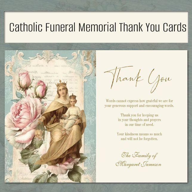 Funeral Catholic Memorial Mount Carmel Roses Thank You Card (Traditional Catholic Our Lady of Mount Carmel with roses funeral memorial thank you cards)